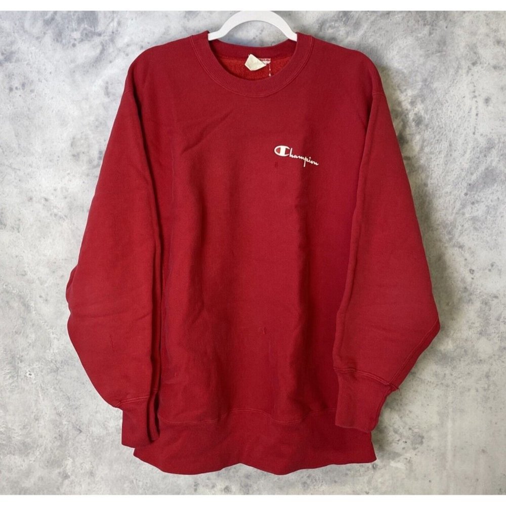 Vintage 90s Champion Reverse Weave Sweatshirt Red Embroidered Mens XL 23x29
